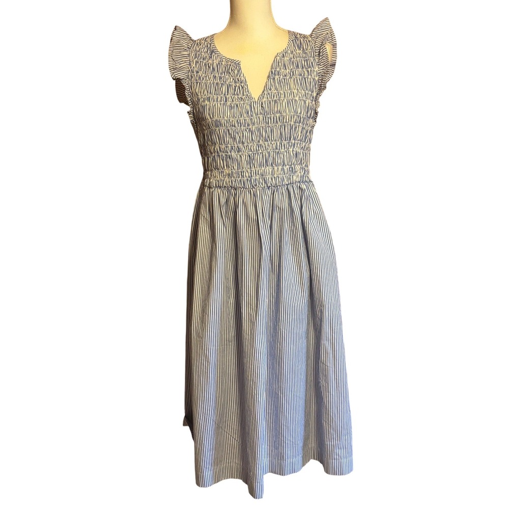 J.Crew Factory Smocked Flutter Sleeve Striped Midi Dress Coastal Preppy Small